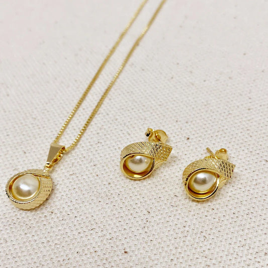 18K Gold Filled Wrap Pearl Earing & Necklace Set